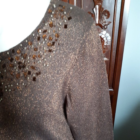Cotton Blend Sweater - Coppery Metallic with jewelled neckline - Size M - Picture 2 of 4
